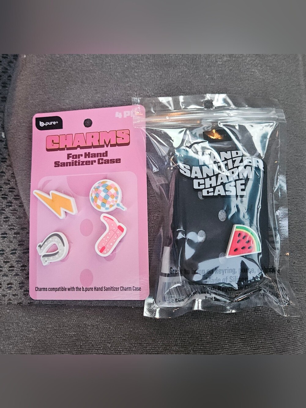 Black Hand Sanitizer Charm Case w/ Watermelon Charm & Keychain + 4pk Charms BNIB
